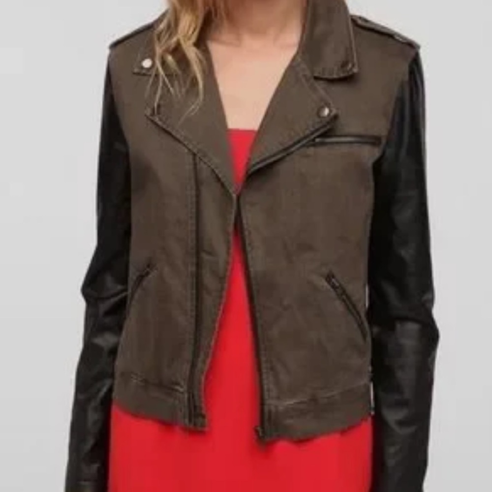 Brown Denim Moto Jacket | Faux Leather Sleeves | Fitted